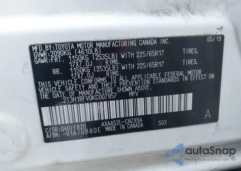 2019 Toyota Rav4 Le из США, поврежденный, VIN 2T3H1RFV0KC007957